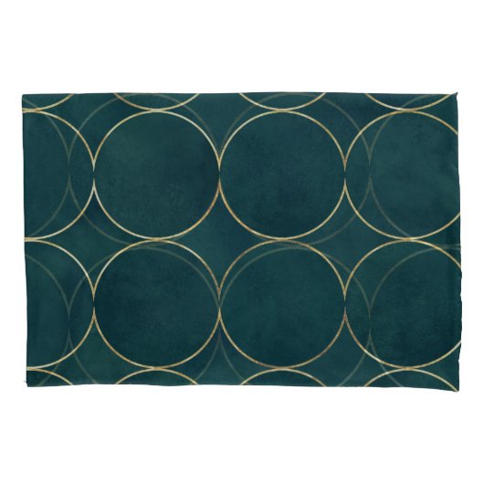 Housse D'oreillers Turquoise foncé, Cercles d'or Aquarelle. (devant)