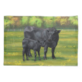 Housse D'oreillers Vache d'Angus noir et veau mou en pâturage d'été (Dos-gauche)
