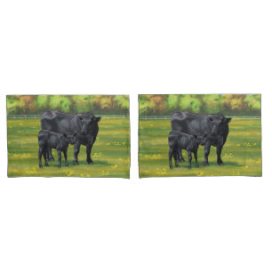 Housse D'oreillers Vache d'Angus noir et veau mou en pâturage d'été