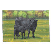 Housse D'oreillers Vache d'Angus noir et veau mou en pâturage d'été (Dos-Droit)