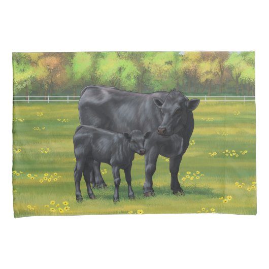Housse D'oreillers Vache d'Angus noir et veau mou en pâturage d'été (devant-Droit)
