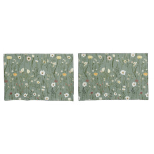 Housse D'oreillers Vert sauge jaune blanc boho fleurs sauvages floral