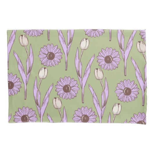 Housse D'oreillers Vert violet rétro Y2K Funky Hippie Flower Motif (devant)