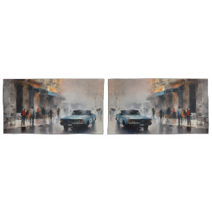 Housse D'oreillers Voiture bleue vintage à Foggy Cityscape