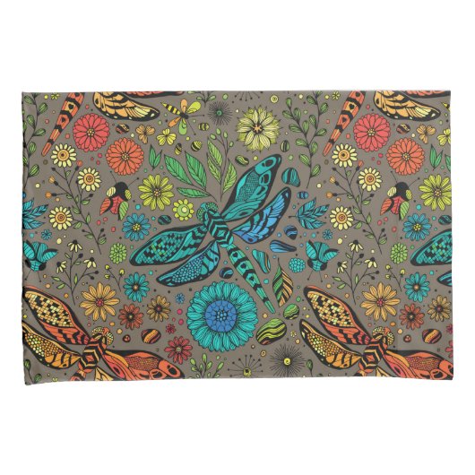 Housse D'oreillers Voler, libellule de mouche sur brun (devant-Droit)