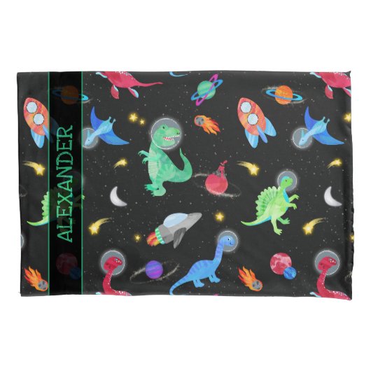 Housse D'oreillers Watercolor Dinosaur Astronauts In Space Black (devant)