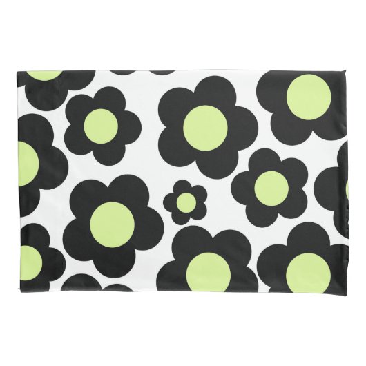 Housse D'oreillers Whimsical Black & Lime Green Floral Retro Cheerfu (devant)