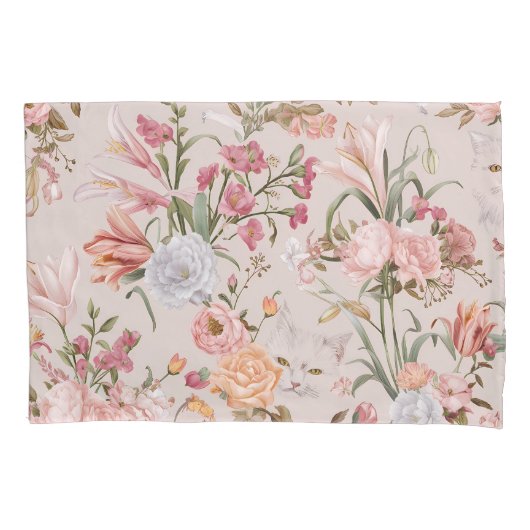 Housse D'oreillers White Cats Pink Roses Floral (devant-gauche)
