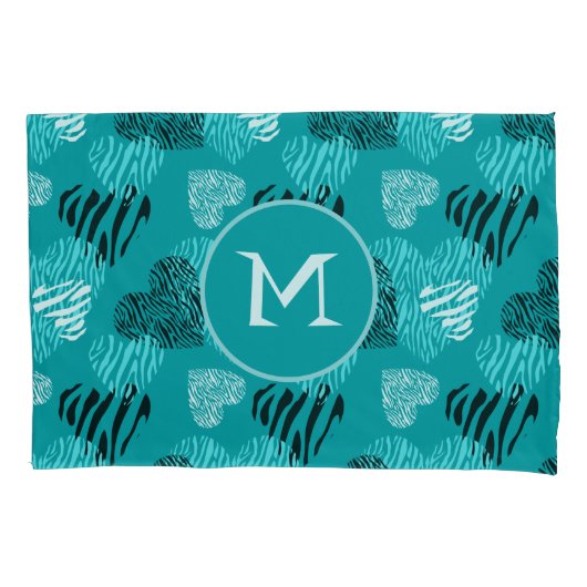 Housse D'oreillers Zebra Print Hearts Turquoise Blanc Monogramme (devant)