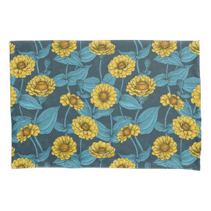 Housse D'oreillers Zinnias jaune sur bleu foncé