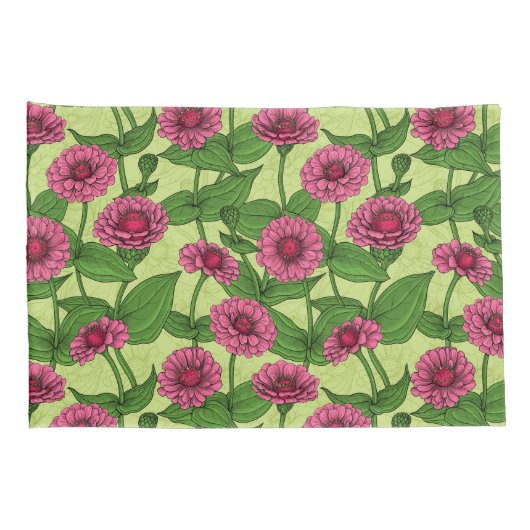 Housse D'oreillers Zinnias rose sur vert clair (Dos-Droit)