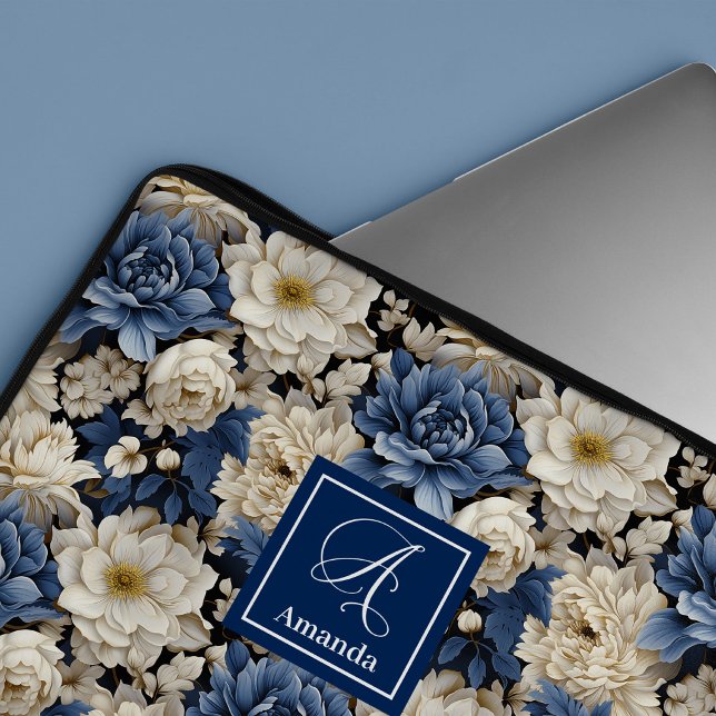 Housse pour ordinateur portable à fleurs bleues de (Beautiful Navy Flowers Blue Floral Laptop Sleeve Case)