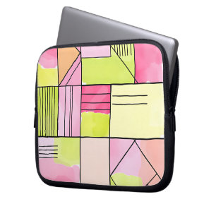Housse Pour Ordinateur Portable Abstrait patchwork rose et vert citron