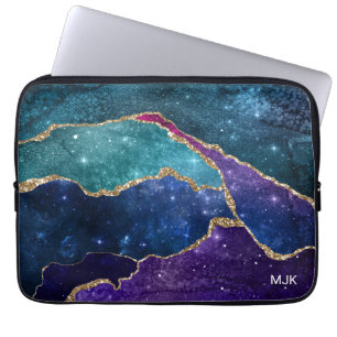 Housse Pour Ordinateur Portable Agate Monogramme Veines Bleu Violet Aqua Or
