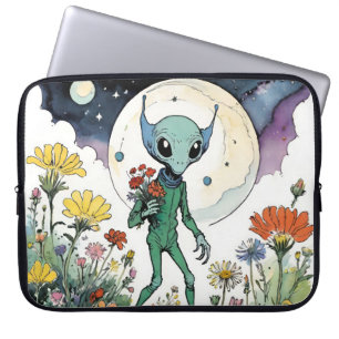 Housse Pour Ordinateur Portable Alien drôle cueillant des fleurs avec pleine lune