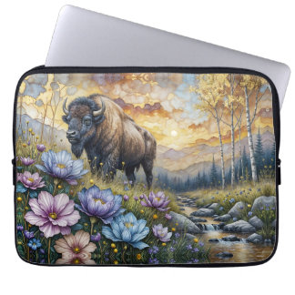 Housse Pour Ordinateur Portable American Bison in floral mountain valley