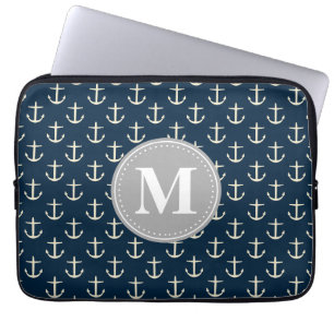 Housse Pour Ordinateur Portable Ancre à crème bleue marine Motif gris monogramme