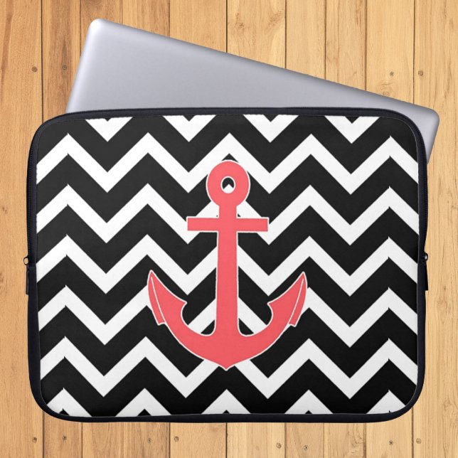 Housse Pour Ordinateur Portable Ancre rose Chevron noir (Créateur téléchargé)