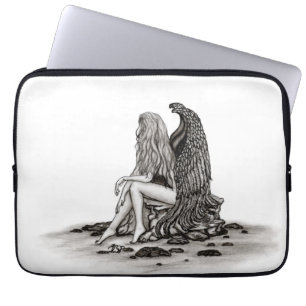 Housse Pour Ordinateur Portable Angel, perdu dans la pensée, noir et blanc Design