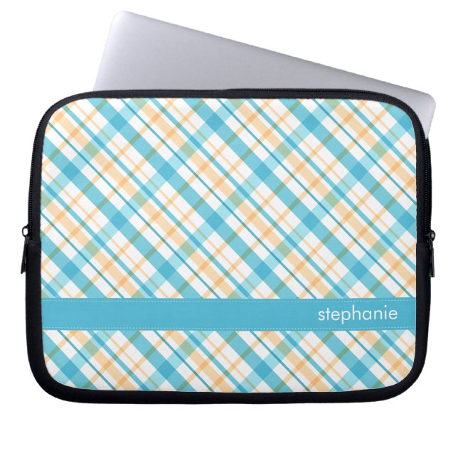 Housse Pour Ordinateur Portable Aqua et motif jaune de plaid (Devant)