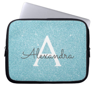Housse Pour Ordinateur Portable Aqua Parties scintillant bleue Turquoise et Monogr