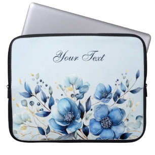 Housse Pour Ordinateur Portable Aquarelle Bleu Fleurs Manches Ordinateur Portable