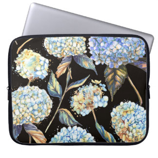 Housse Pour Ordinateur Portable Aquarelle Blue Hydrangea : Motif foncé sans couleu