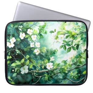 Housse Pour Ordinateur Portable Aquarelle botanique Fleurs blanches Feuilles verte