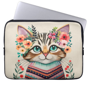 Housse Pour Ordinateur Portable Aquarelle florale de chats mignons