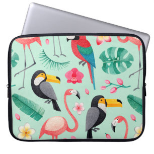 Housse Pour Ordinateur Portable Aquarelle illustrations d'oiseaux, fleur tropicale