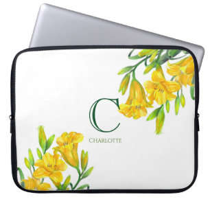 Housse Pour Ordinateur Portable Aquarelle Jaune Lys Jaune Art Floral Monogramme