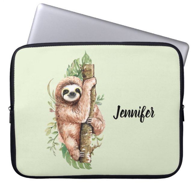 Housse Pour Ordinateur Portable Aquarelle mignonne Sloth & Feuilles tropicaux (Devant)