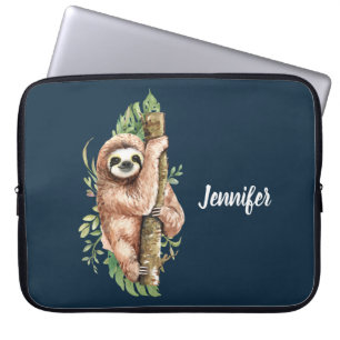 Housse Pour Ordinateur Portable Aquarelle mignonne Sloth & Feuilles tropicaux