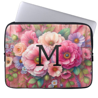 Housse Pour Ordinateur Portable Aquarelle monogramme pastel fleurs sur bois rose