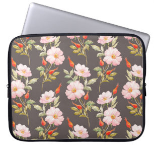 Housse Pour Ordinateur Portable Aquarelle motif floral rose de chien et berr rouge