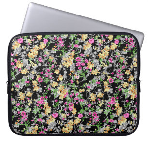 Housse Pour Ordinateur Portable aquarelle motif floral transparent fond noir