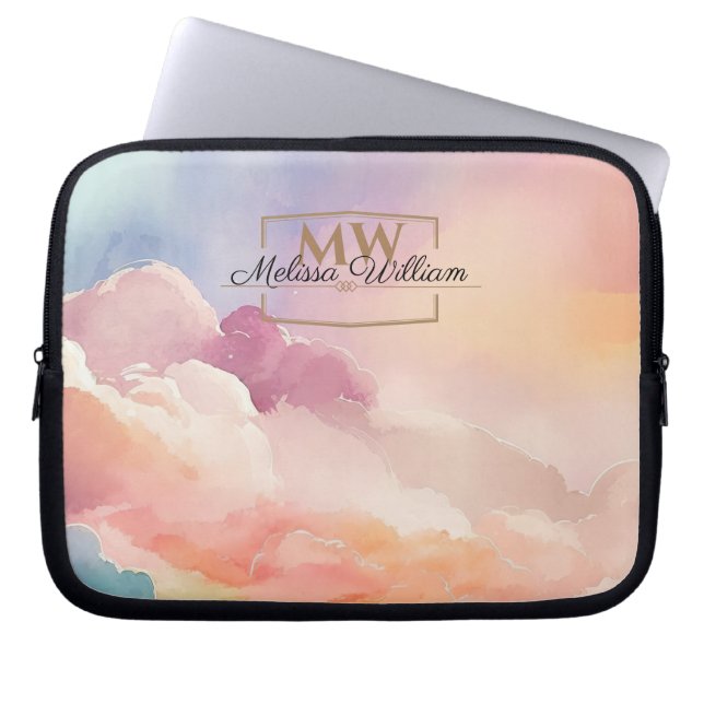 Housse Pour Ordinateur Portable Aquarelle Nuages Noir Or Monogramme Nom Script (Devant)