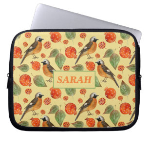 Housse Pour Ordinateur Portable Aquarelle orange Oiseaux et Motif de grenade