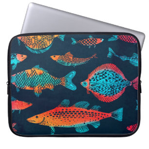Housse Pour Ordinateur Portable Aquarelle Poissons : Bleu Profond Sans Mer