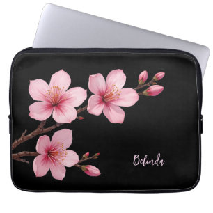 Housse Pour Ordinateur Portable Aquarelle rose cerisier noir Monogramme en fleurs