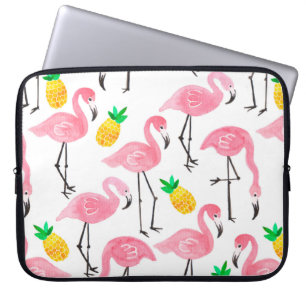 Housse Pour Ordinateur Portable Aquarelle rose flamant rose et ananas jaune