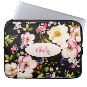 Housse Pour Ordinateur Portable Aquarelle rose Roses jaunes sur noir, Monogramme