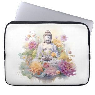 Housse Pour Ordinateur Portable Aquarelle Serene Bouddha rose Fleurs Jaunes Art
