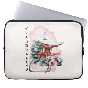 Housse Pour Ordinateur Portable Aquarelle Temple japonais Sakura Blossom