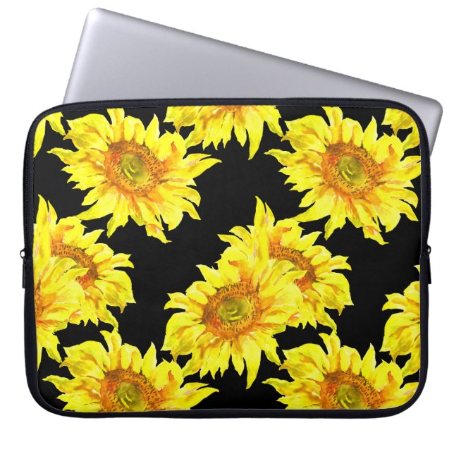 Housse Pour Ordinateur Portable Aquarelle tournesol noir sans couture Motif (Devant)