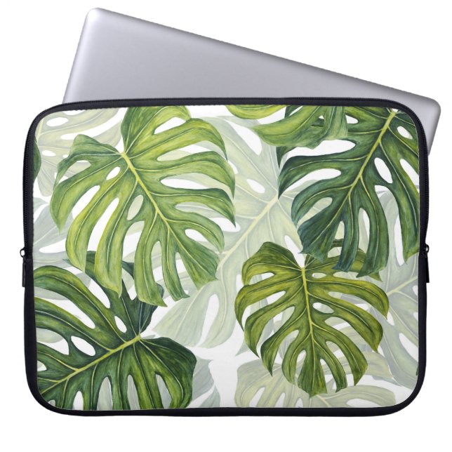Housse Pour Ordinateur Portable Aquarelle tropicale de Monstera verte (Devant)