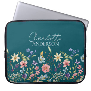 Housse Pour Ordinateur Portable Aquarelle Turquoise profonde Nom du Fleur sauvage