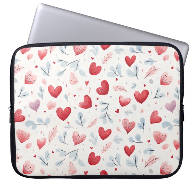 Housse Pour Ordinateur Portable Aquarelle Whimsical Coeurs et Motif Feuille (Devant)