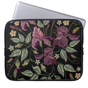 Housse Pour Ordinateur Portable Arrière - plan noir Irises pourpres brodé.