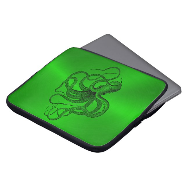 Housse Pour Ordinateur Portable Arrière - plan vert avec une pieuvre marine noire (Devant haut)